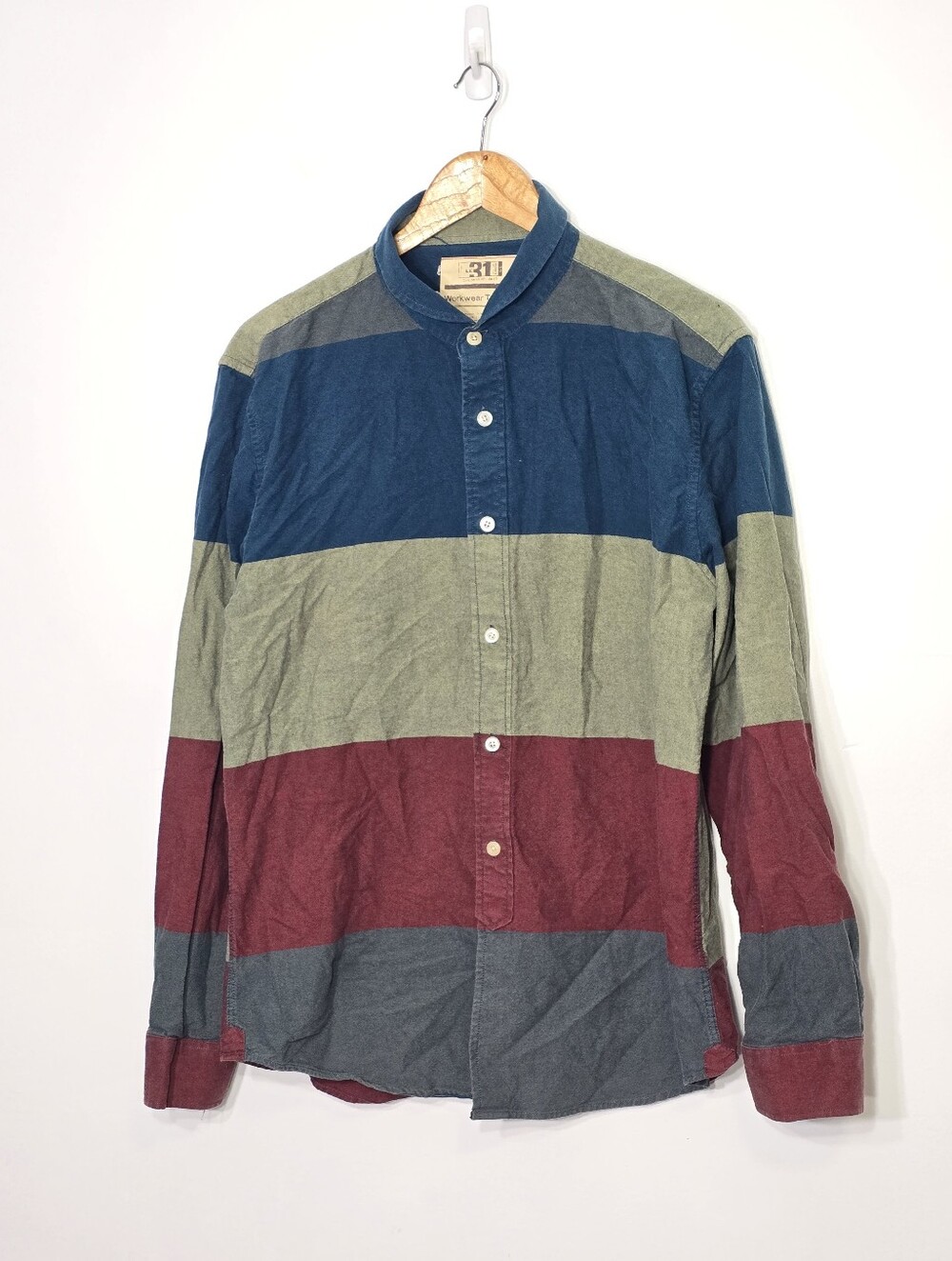 Simons Green Blue Color Blocks 100% Cotton Long Sleeves Larger Button Down